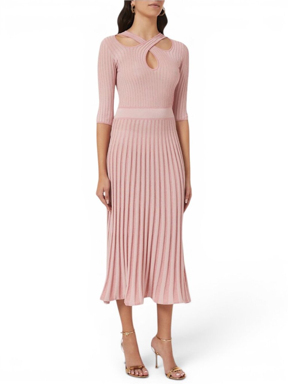 Pinko Pink Metallic Bitter Two Tone Knit O Cut-Out Knitted Feminine Midi Dress S